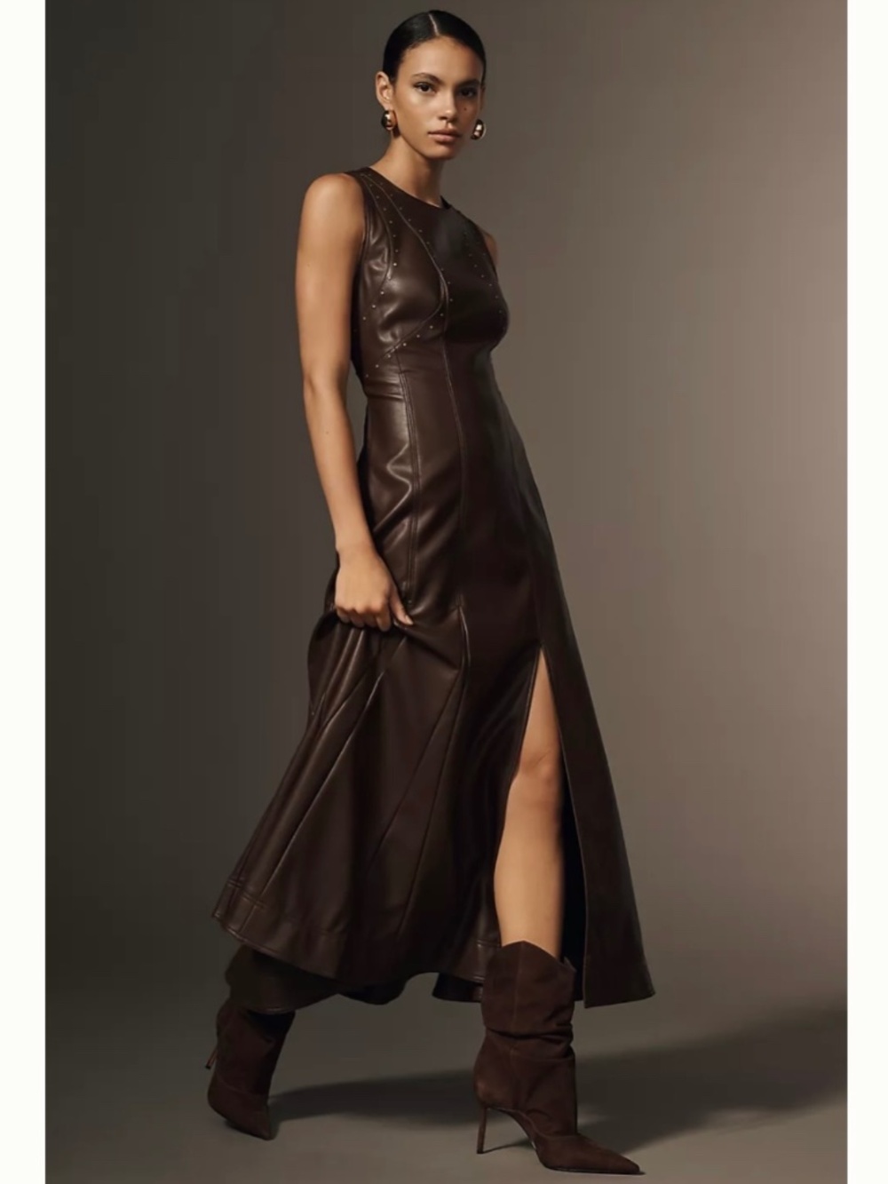 Pilcro By Anthropologie Sleeveless Studded Faux Leather Maxi Dress Cocoa Plum XL